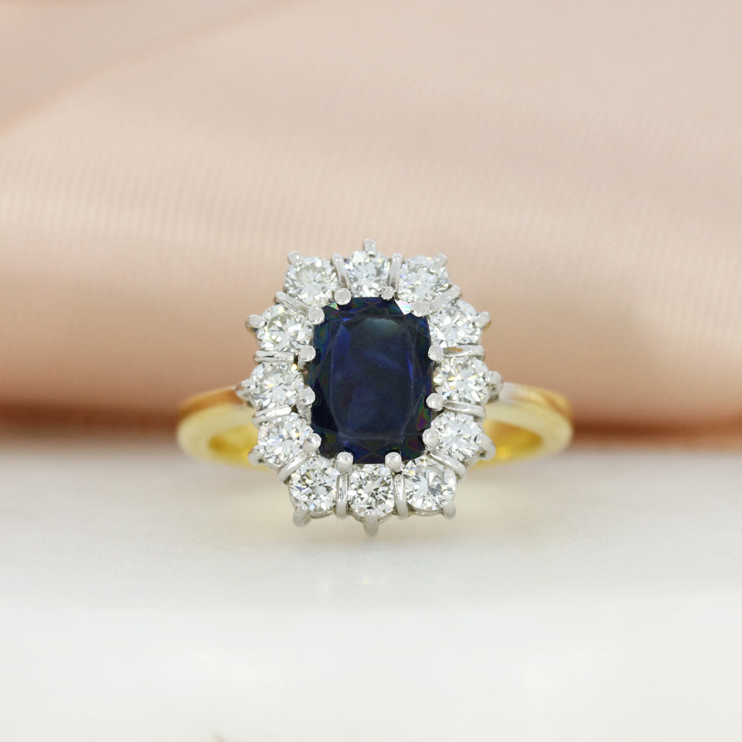 Pre Owned 18ct Yellow Gold Oblong Sapphire & Diamond Cluster Ring