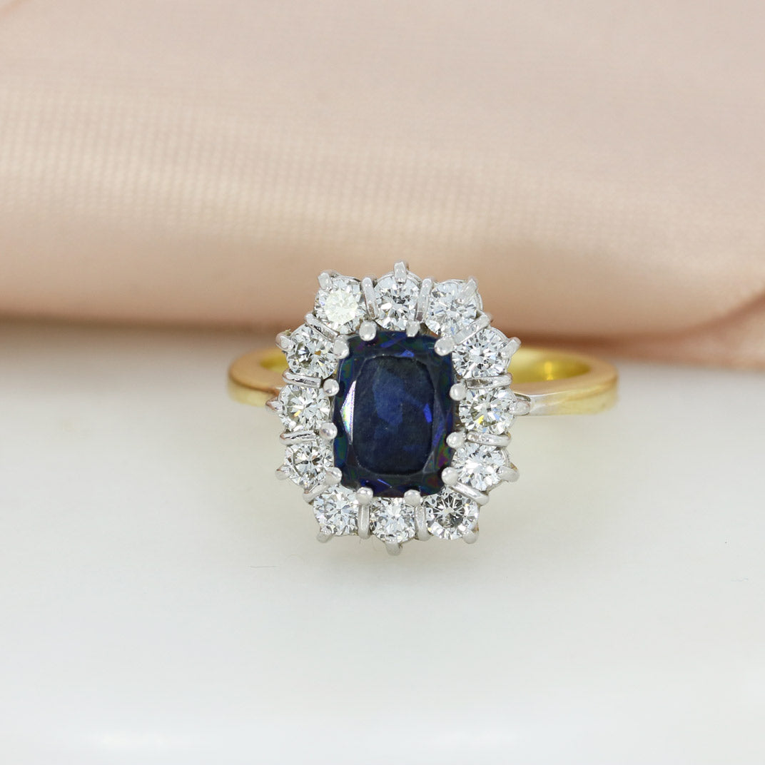 Pre Owned 18ct Yellow Gold Oblong Sapphire & Diamond Cluster Ring