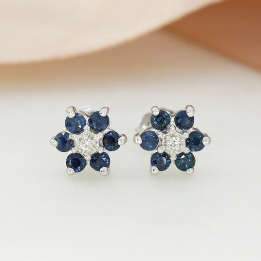 Pre Owned 14ct White Gold Sapphire & Diamond Flower Cluster Stud Earrings