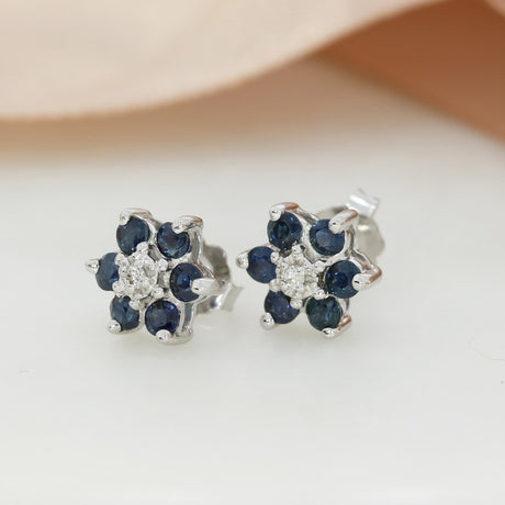 Pre Owned 14ct White Gold Sapphire & Diamond Flower Cluster Stud Earrings
