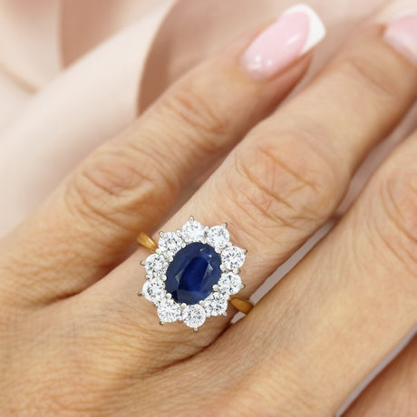 Pre Owned 18ct Yellow Gold Large Claw Set Oval Sapphire & Diamond Cluster Ring