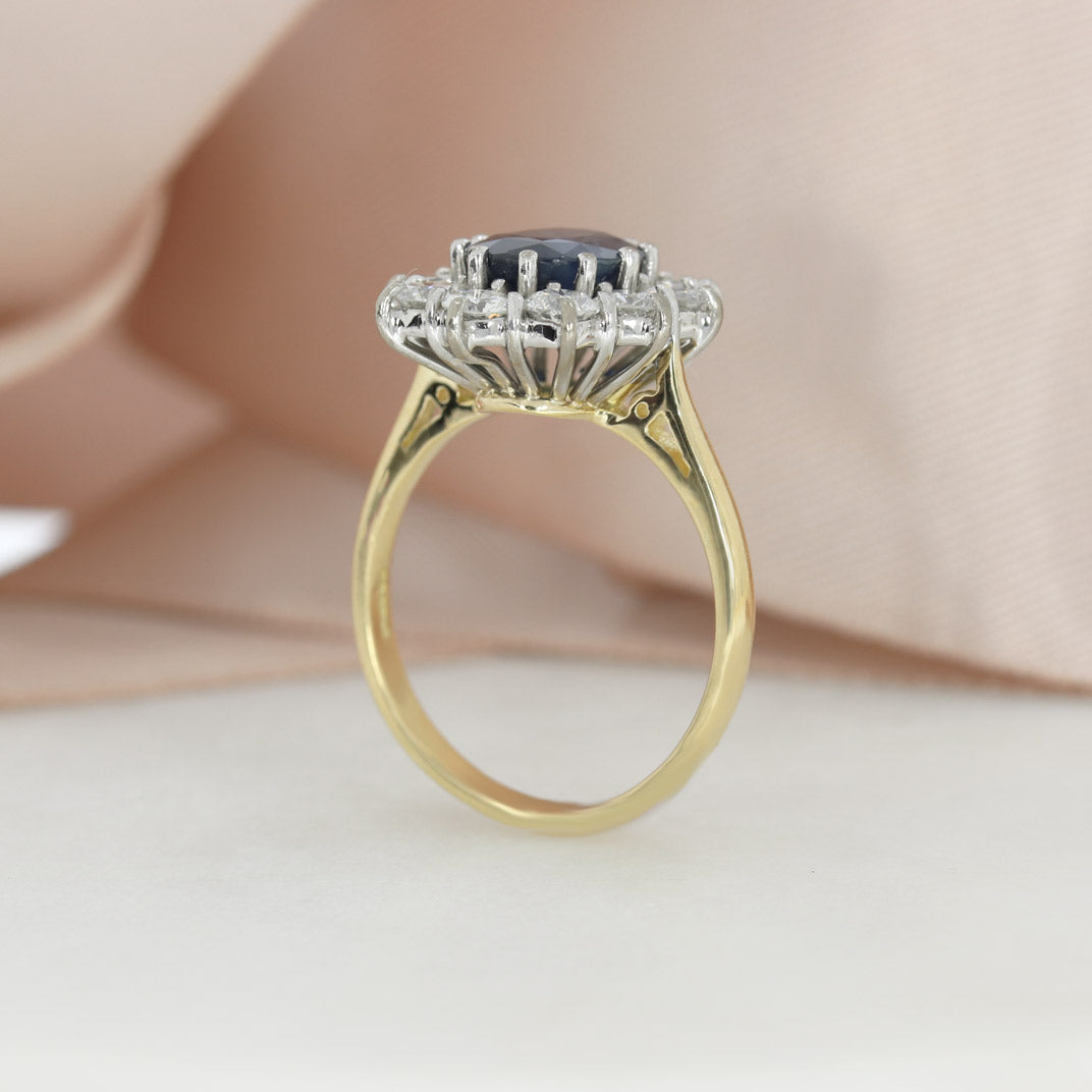 Pre Owned 18ct Yellow Gold Large Claw Set Oval Sapphire & Diamond Cluster Ring