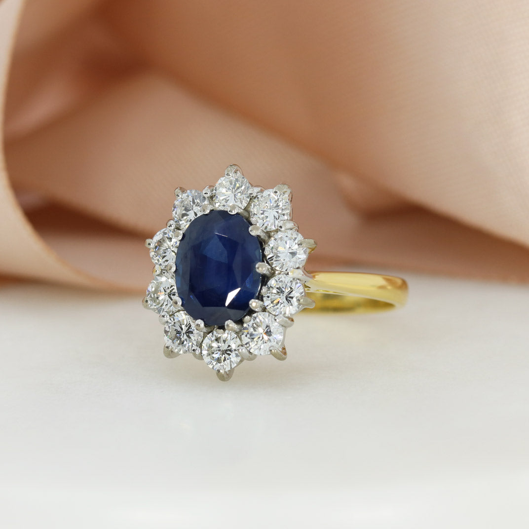 Pre Owned 18ct Yellow Gold Large Claw Set Oval Sapphire & Diamond Cluster Ring