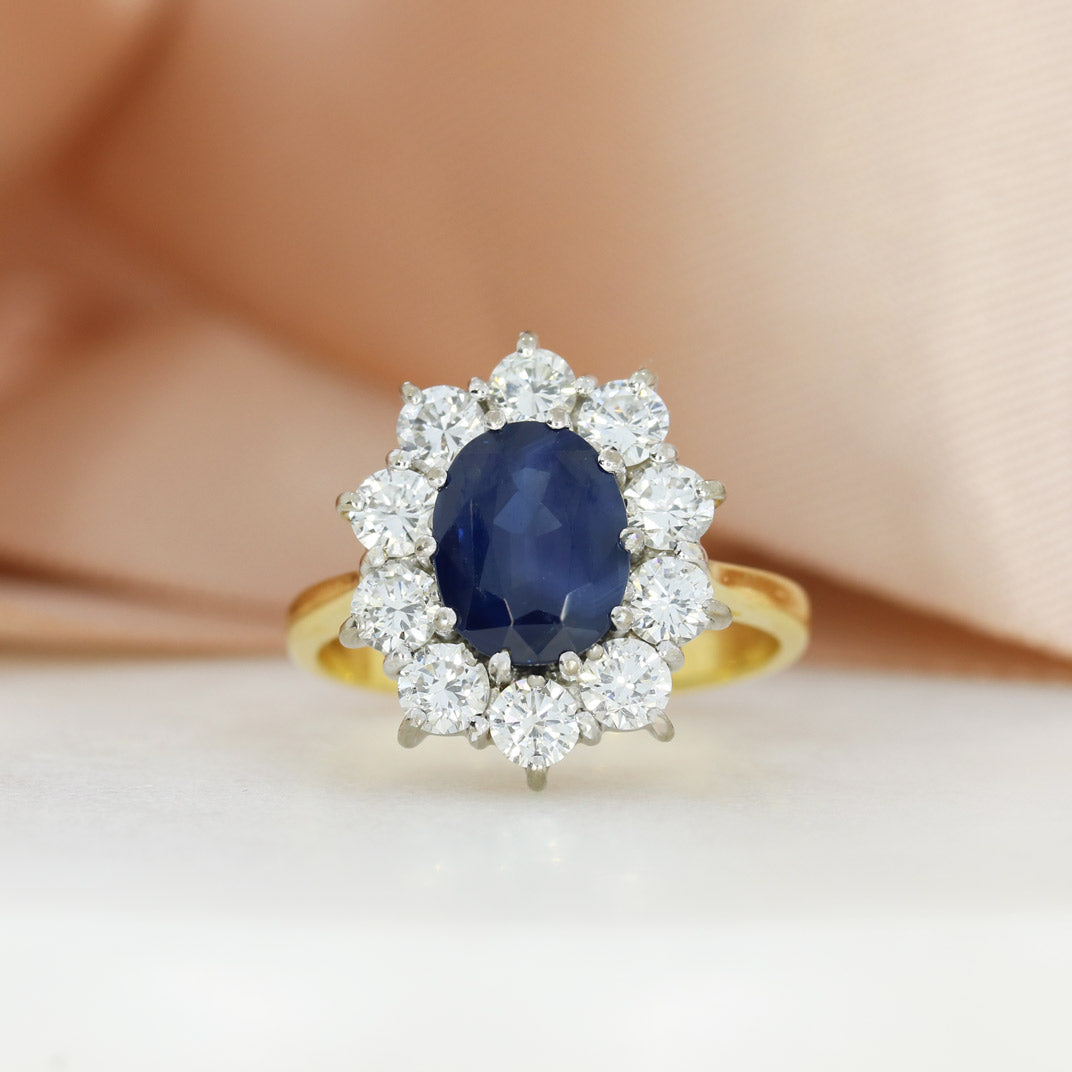 Pre Owned 18ct Yellow Gold Large Claw Set Oval Sapphire & Diamond Cluster Ring