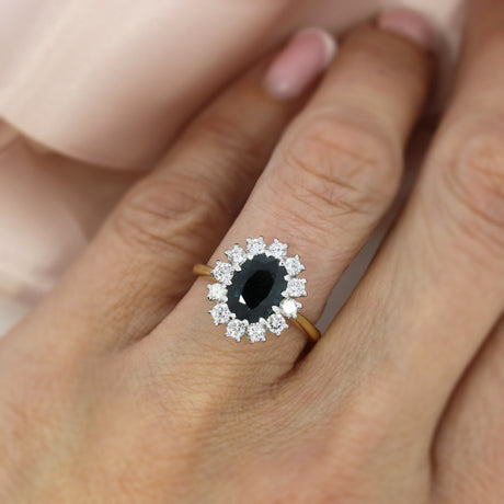 Pre Owned 18ct Yellow Gold Claw Set Oval Sapphire & Round Diamond Cluster Ring