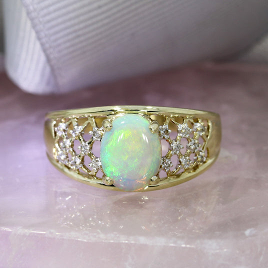 Pre Owned 9ct Yellow Gold Oval Opal Dress Ring & Diamond Fancy Ring