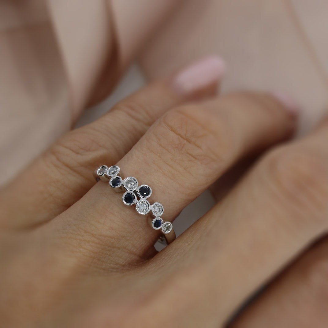 Pre Owned 9ct White Gold Sapphire & Diamond Delicate Bubble Ring