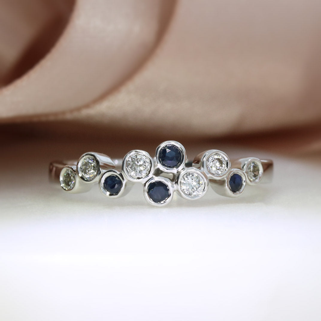 Pre Owned 9ct White Gold Sapphire & Diamond Delicate Bubble Ring