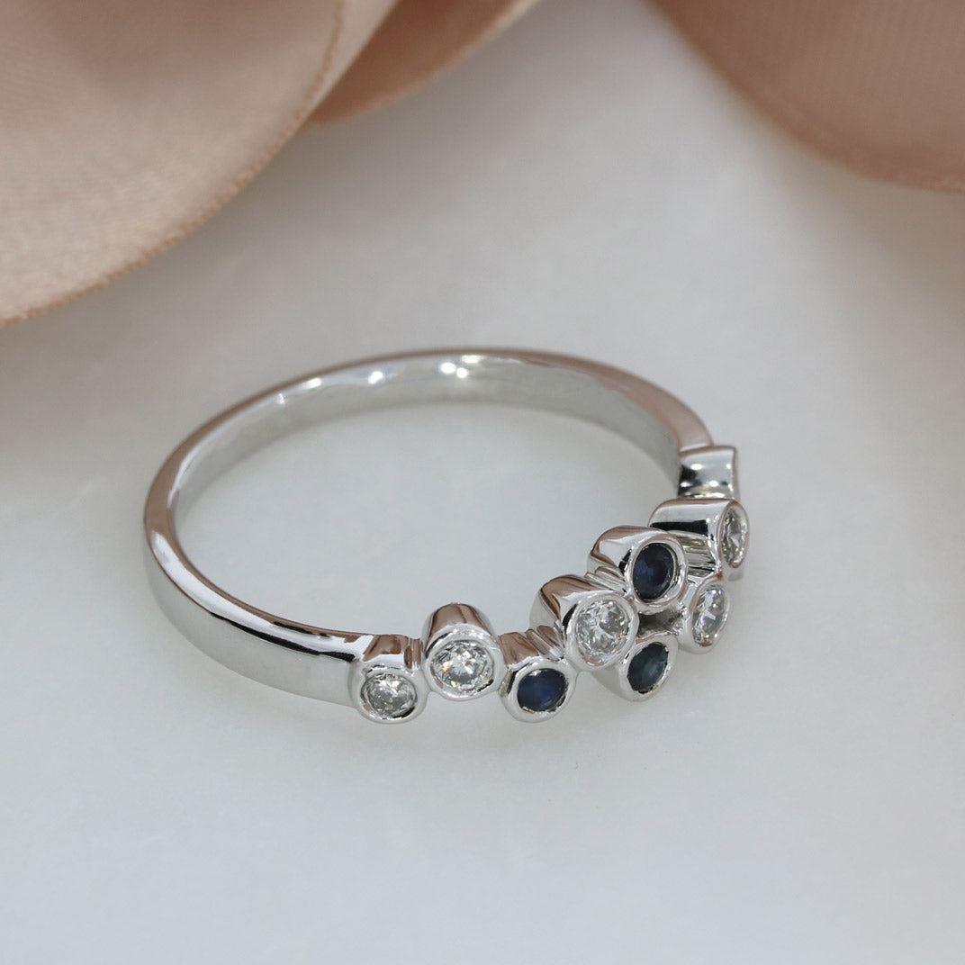 Pre Owned 9ct White Gold Sapphire & Diamond Delicate Bubble Ring