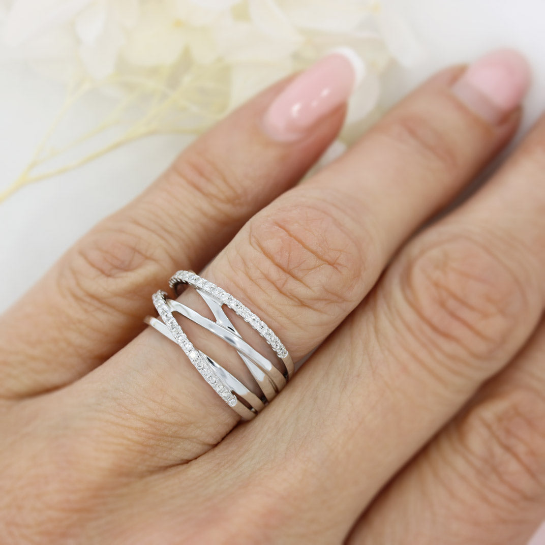 Pre Owned 9ct White Gold Crossover Multi Row Ring with 2 Rows of Diamonds
