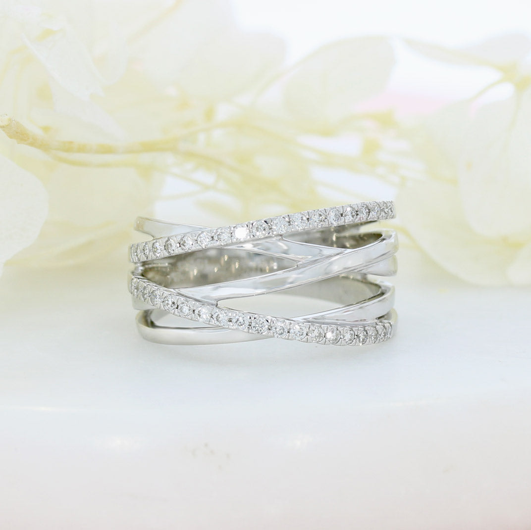 Pre Owned 9ct White Gold Crossover Multi Row Ring with 2 Rows of Diamonds