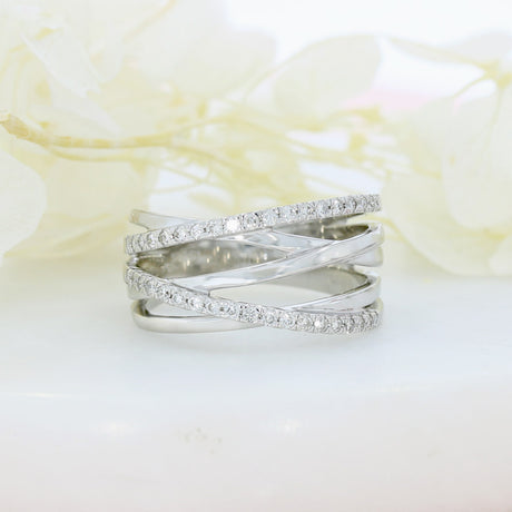 Pre Owned 9ct White Gold Crossover Multi Row Ring with 2 Rows of Diamonds