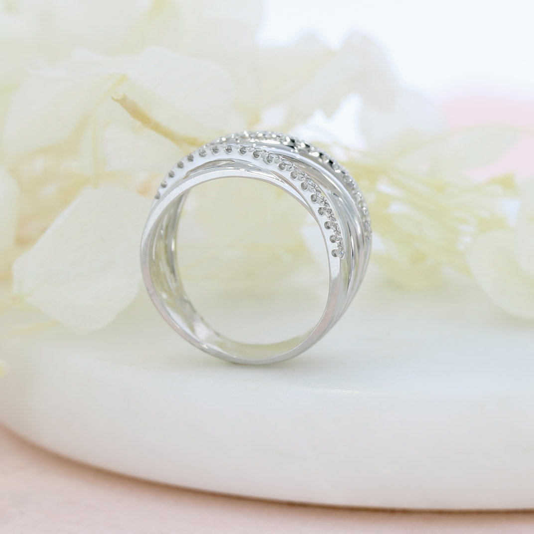 Pre Owned 9ct White Gold Crossover Multi Row Ring with 2 Rows of Diamonds