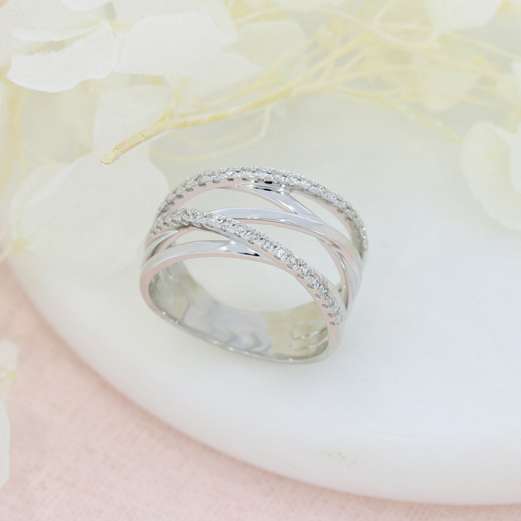Pre Owned 9ct White Gold Crossover Multi Row Ring with 2 Rows of Diamonds