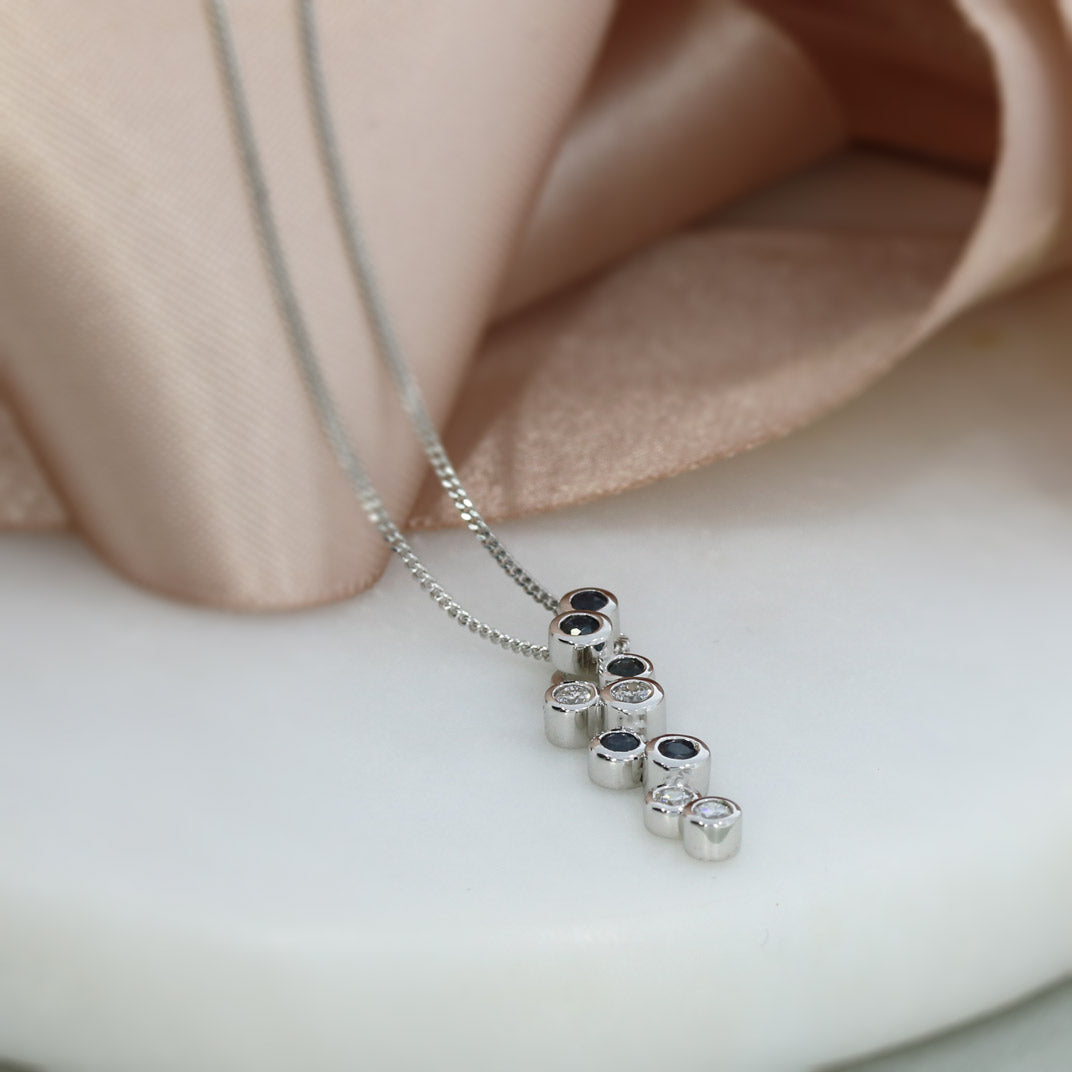Pre Owned 9ct White Gold Sapphire & Diamond Bubble Pendant & 18" Chain
