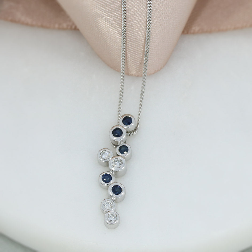 Pre Owned 9ct White Gold Sapphire & Diamond Bubble Pendant & 18" Chain