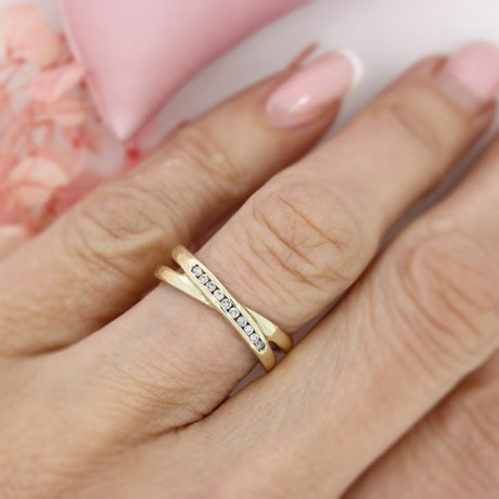 Pre Owned 9ct Yellow Gold Crossover Ring with Channel Set Diamonds