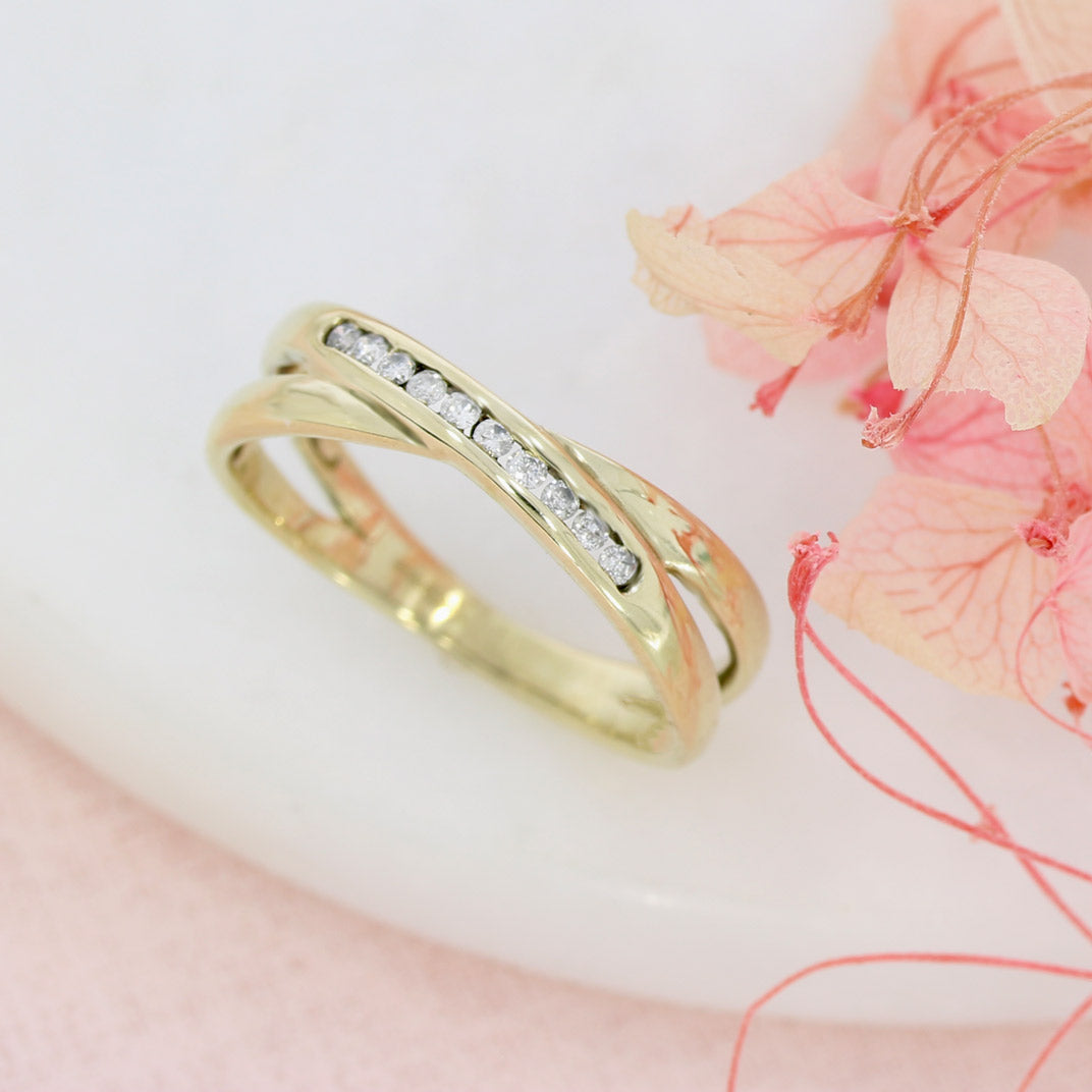 Pre Owned 9ct Yellow Gold Crossover Ring with Channel Set Diamonds
