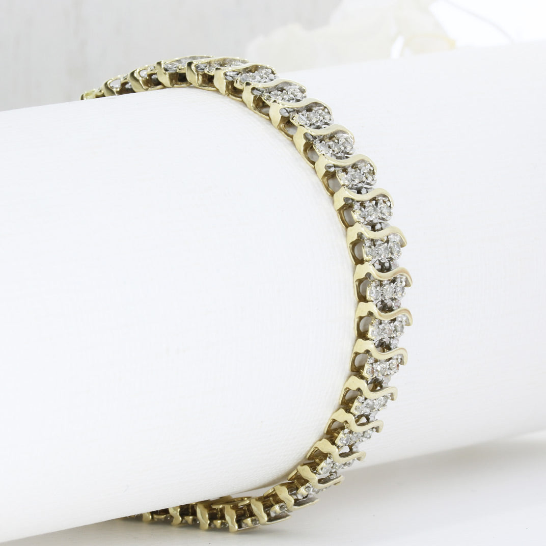 Pre Owned 9ct Yellow & White Gold Illusion Set Diamond Bracelet with Safety Chain