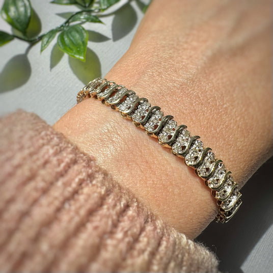 Pre Owned 9ct Yellow & White Gold Illusion Set Diamond Bracelet with Safety Chain