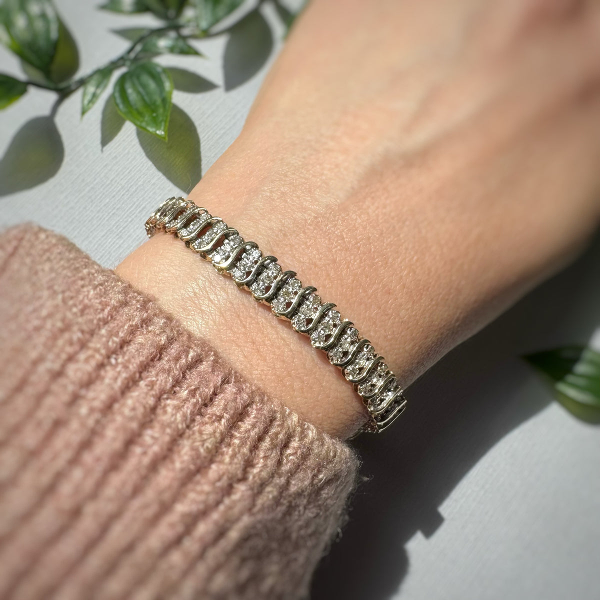 Pre Owned 9ct Yellow & White Gold Illusion Set Diamond Bracelet with Safety Chain