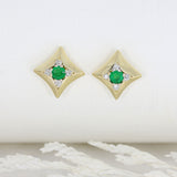 Pre-Owned 18ct Yellow Gold Square Stud Earrings Set with Emerald & Diamonds