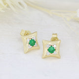 Pre-Owned 18ct Yellow Gold Square Stud Earrings Set with Emerald & Diamonds