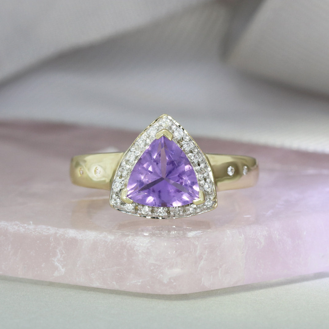 Pre Owned 9ct Gold Triangular Amethyst & Diamond Dress Ring