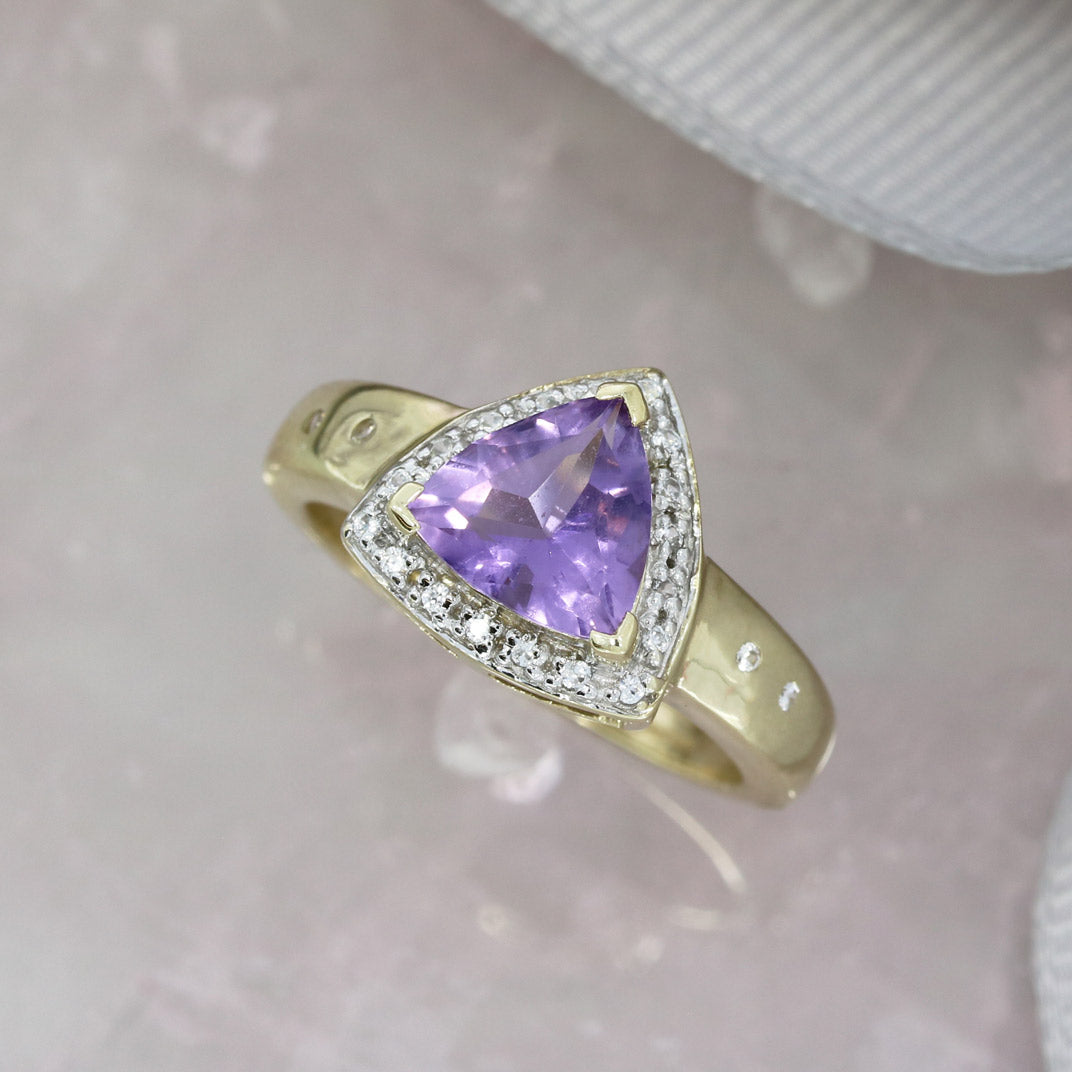 Pre Owned 9ct Gold Triangular Amethyst & Diamond Dress Ring