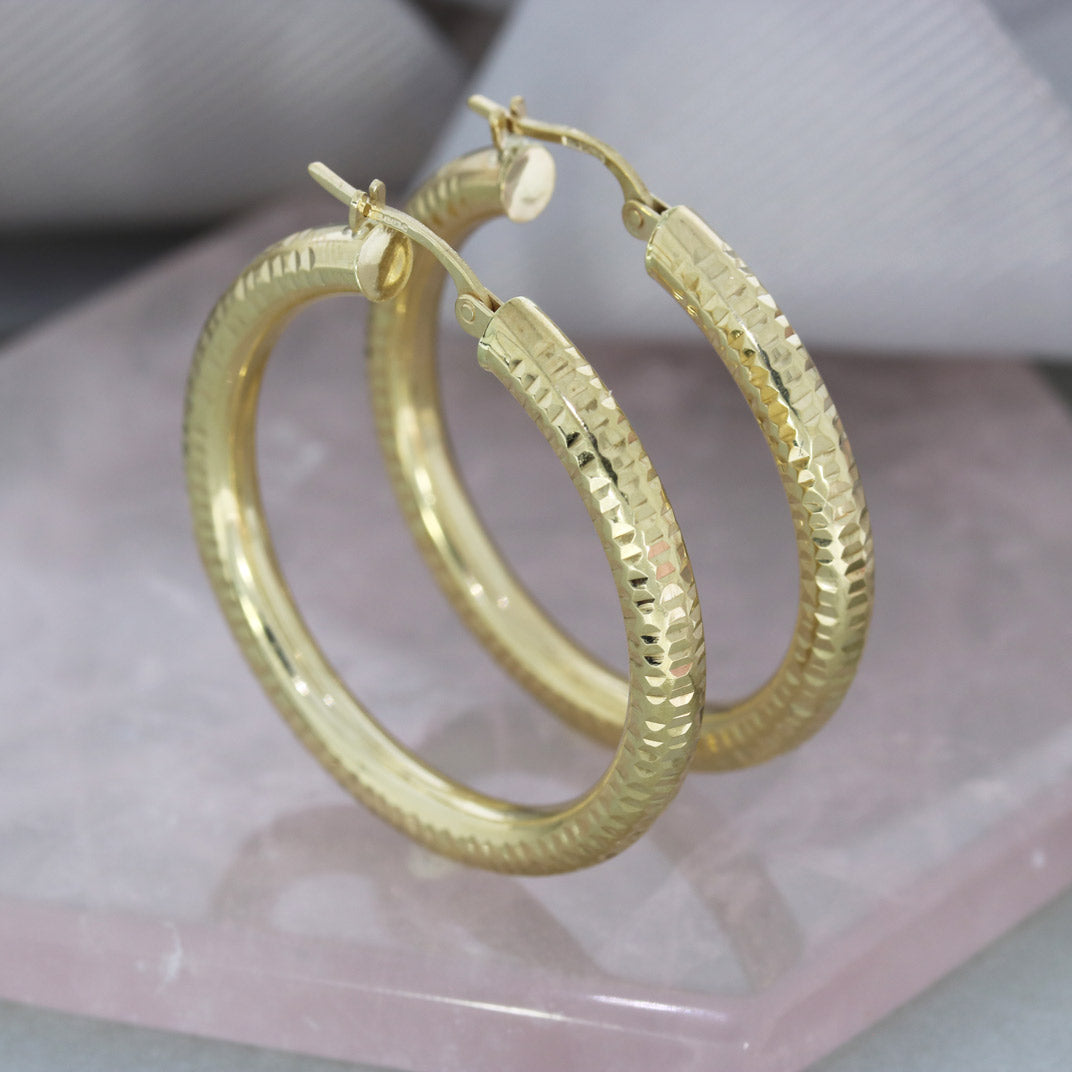 Pre Owned 9ct Yellow Gold Hollow Patterned Hoop Earrings 35mm