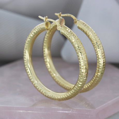 Pre Owned 9ct Yellow Gold Hollow Patterned Hoop Earrings 35mm