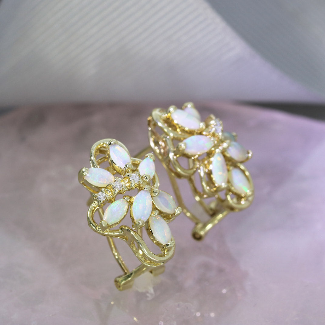 Pre Owned 9ct Yellow Gold Opal Flower Cluster Earrings with Post & Flipback