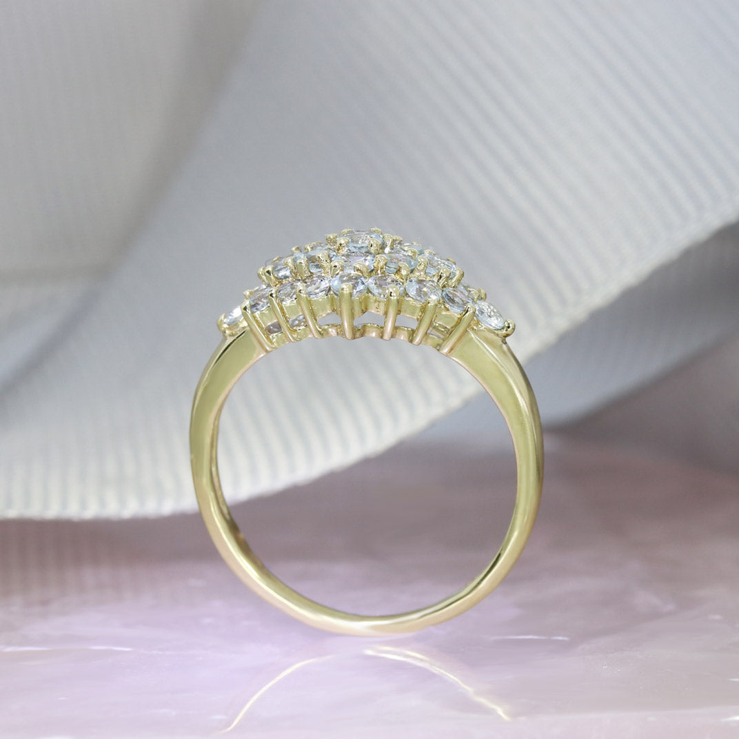 Pre Owned 9ct Yellow Gold Claw Set Aquamarine Cluster Ring