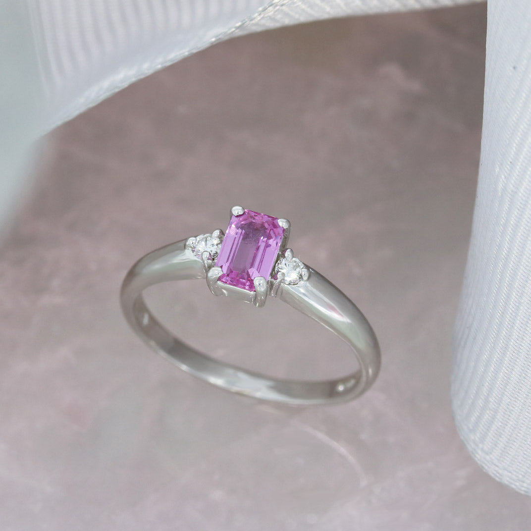 Pre Owned 18ct White Gold Claw Set Emerald Cut Pink Sapphire & Diamond 3 Stone Ring