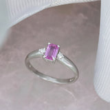 Pre Owned 18ct White Gold Claw Set Emerald Cut Pink Sapphire & Diamond 3 Stone Ring