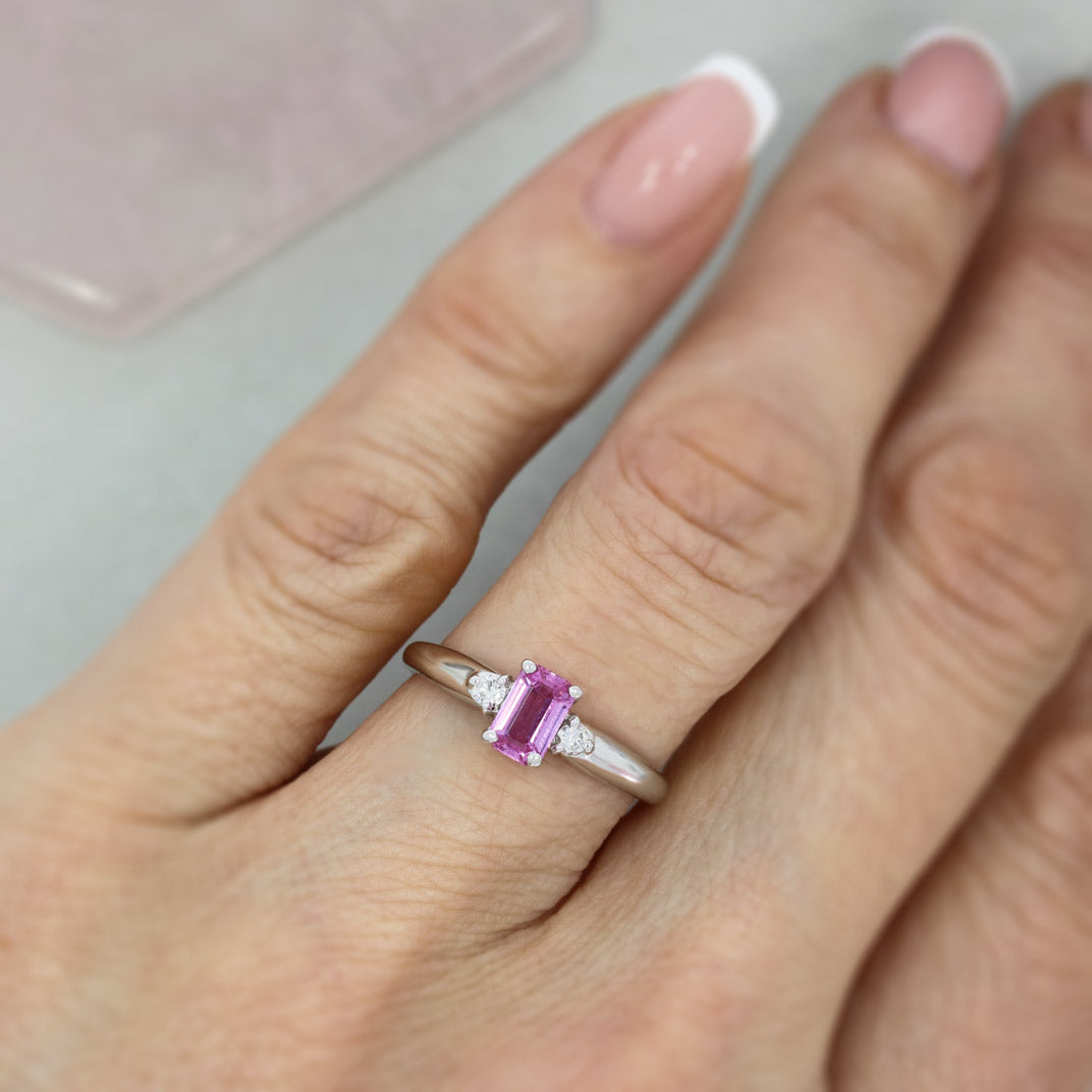Pre Owned 18ct White Gold Claw Set Emerald Cut Pink Sapphire & Diamond 3 Stone Ring