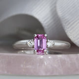 Pre Owned 18ct White Gold Claw Set Emerald Cut Pink Sapphire & Diamond 3 Stone Ring