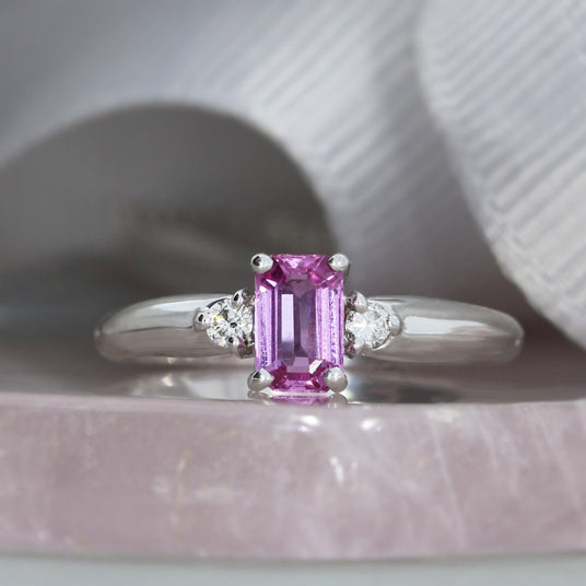 Pre Owned 18ct White Gold Claw Set Emerald Cut Pink Sapphire & Diamond 3 Stone Ring