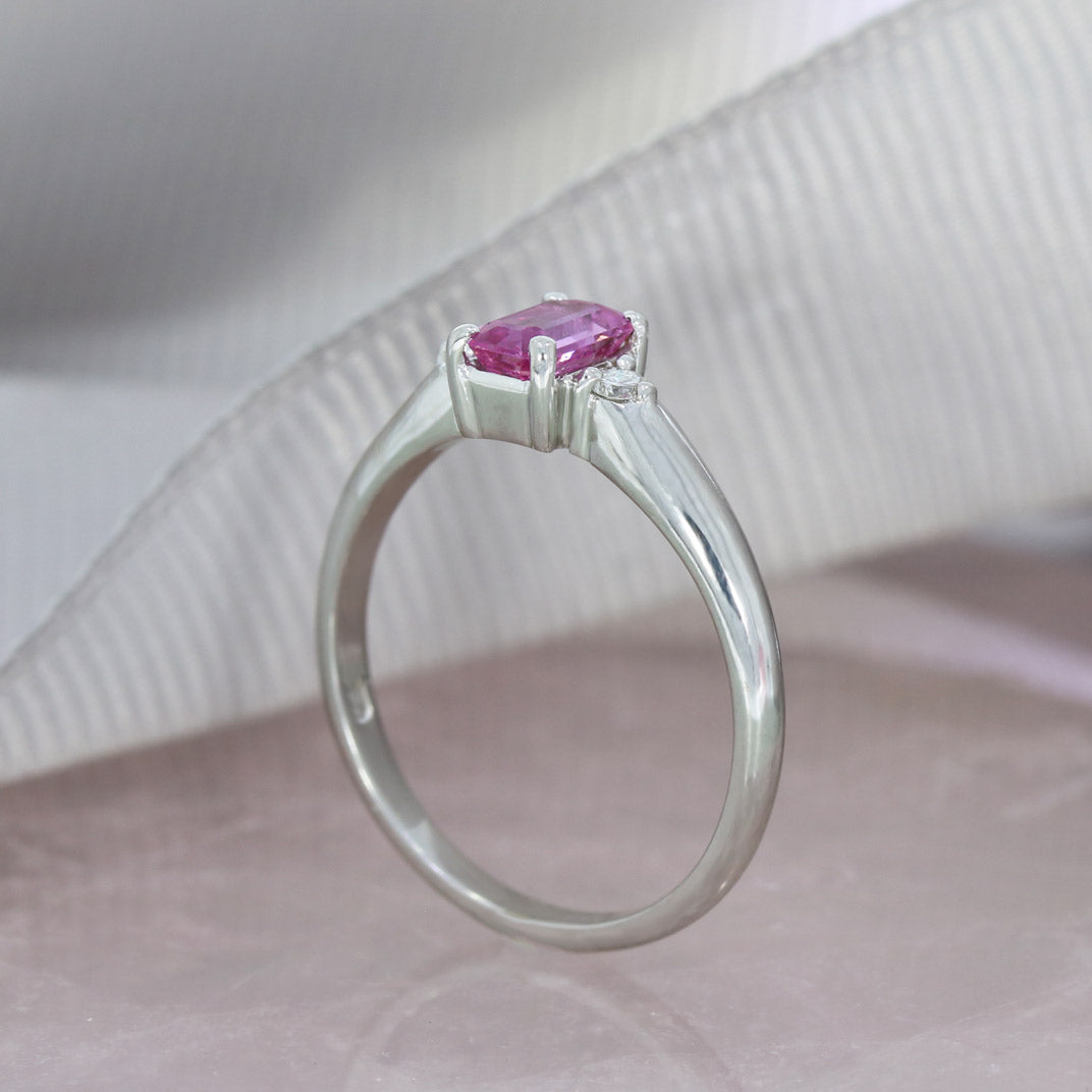 Pre Owned 18ct White Gold Claw Set Emerald Cut Pink Sapphire & Diamond 3 Stone Ring