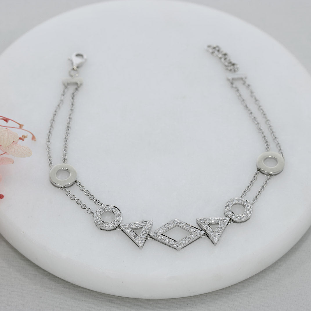 Pre Owned 18ct White Gold Double Row Pave Set Diamond Shapes Bracelet