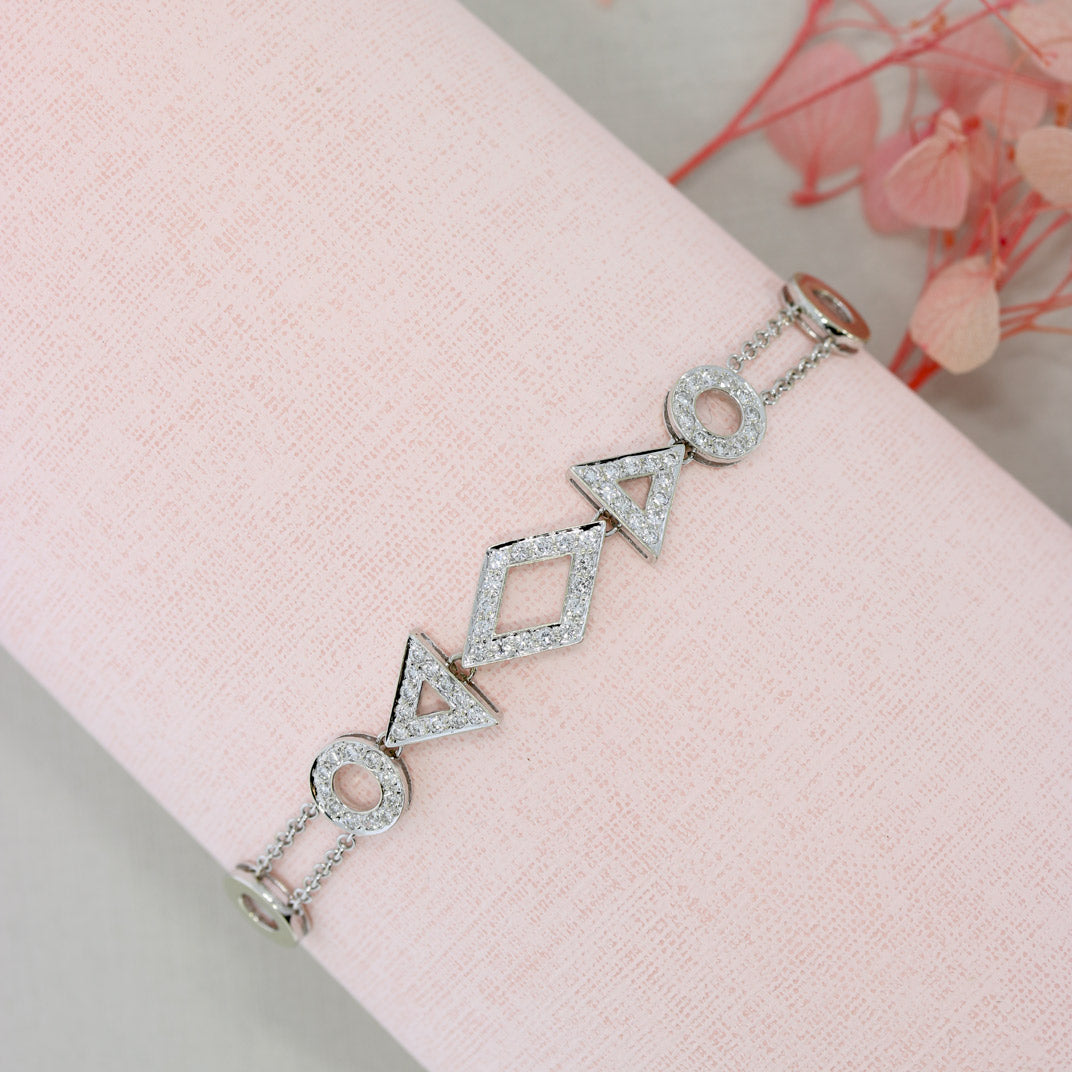 Pre Owned 18ct White Gold Double Row Pave Set Diamond Shapes Bracelet