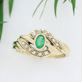Pre Owned 9ct Yellow Gold Emerald & Diamond Swirl Ring