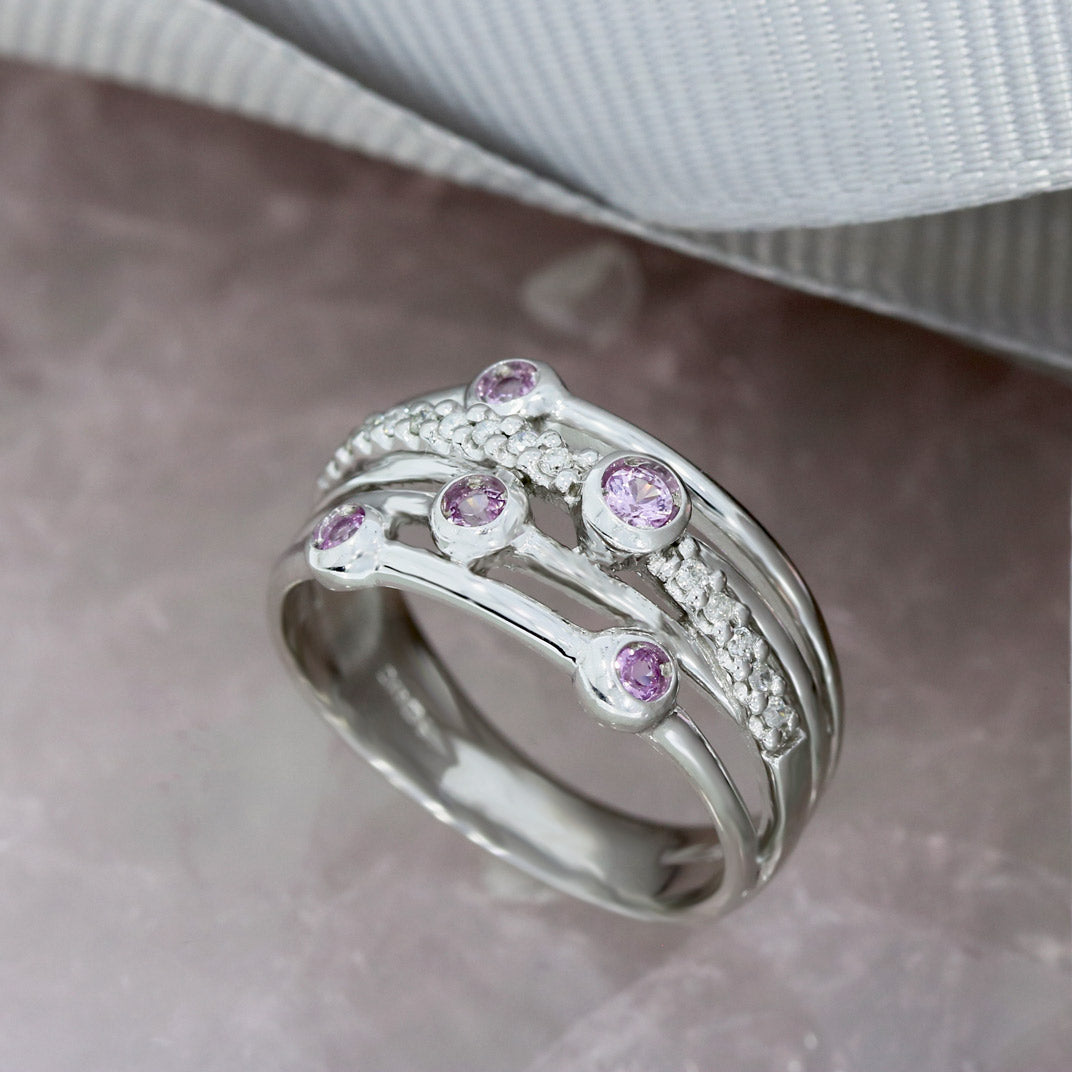 Pre Owned 9ct White Gold Wide Multi Row Pink Sapphire & Diamond Dress Ring