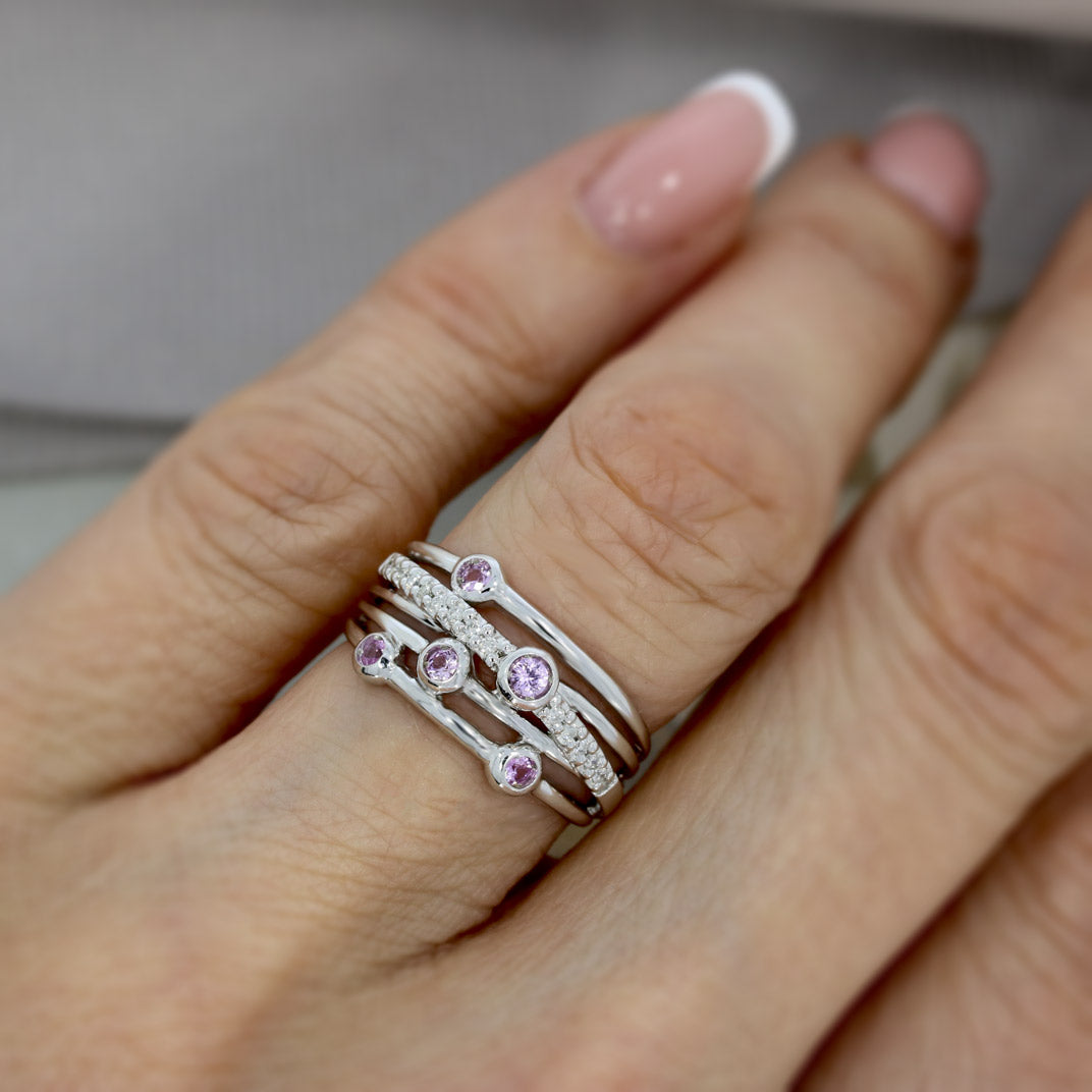 Pre Owned 9ct White Gold Wide Multi Row Pink Sapphire & Diamond Dress Ring