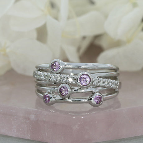 Pre Owned 9ct White Gold Wide Multi Row Pink Sapphire & Diamond Dress Ring