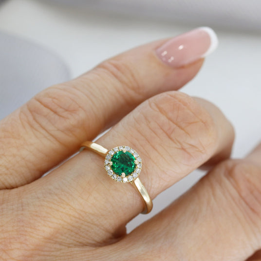 Pre Owned 9ct Yellow Gold Synthetic Emerald & Diamond Halo Ring