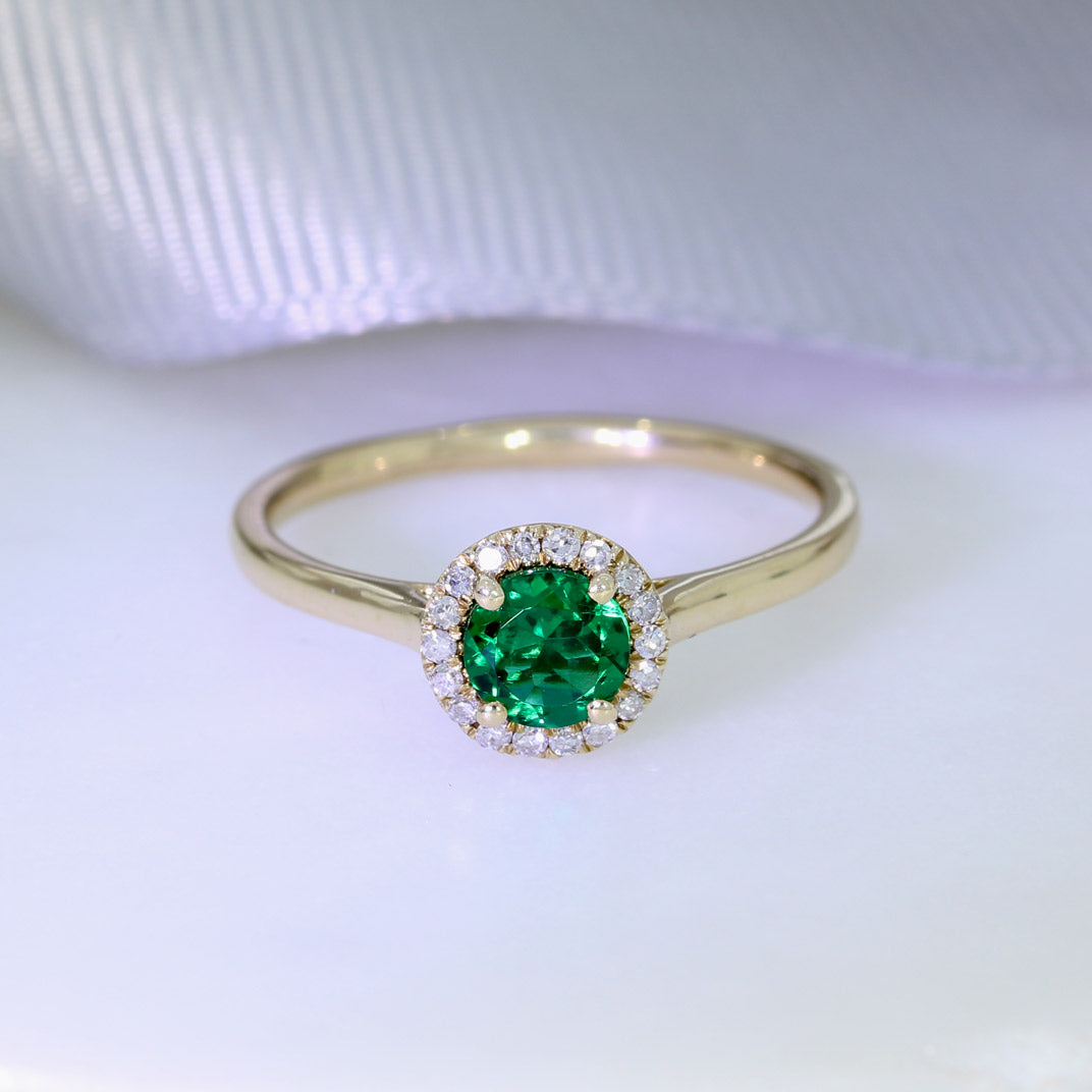 Pre Owned 9ct Yellow Gold Synthetic Emerald & Diamond Halo Ring