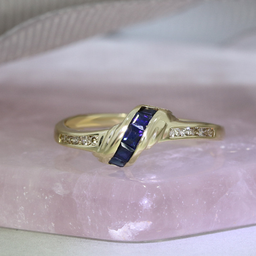 Pre Owned 9ct Yellow Gold Channel Set Sapphire & Diamond Dress Ring