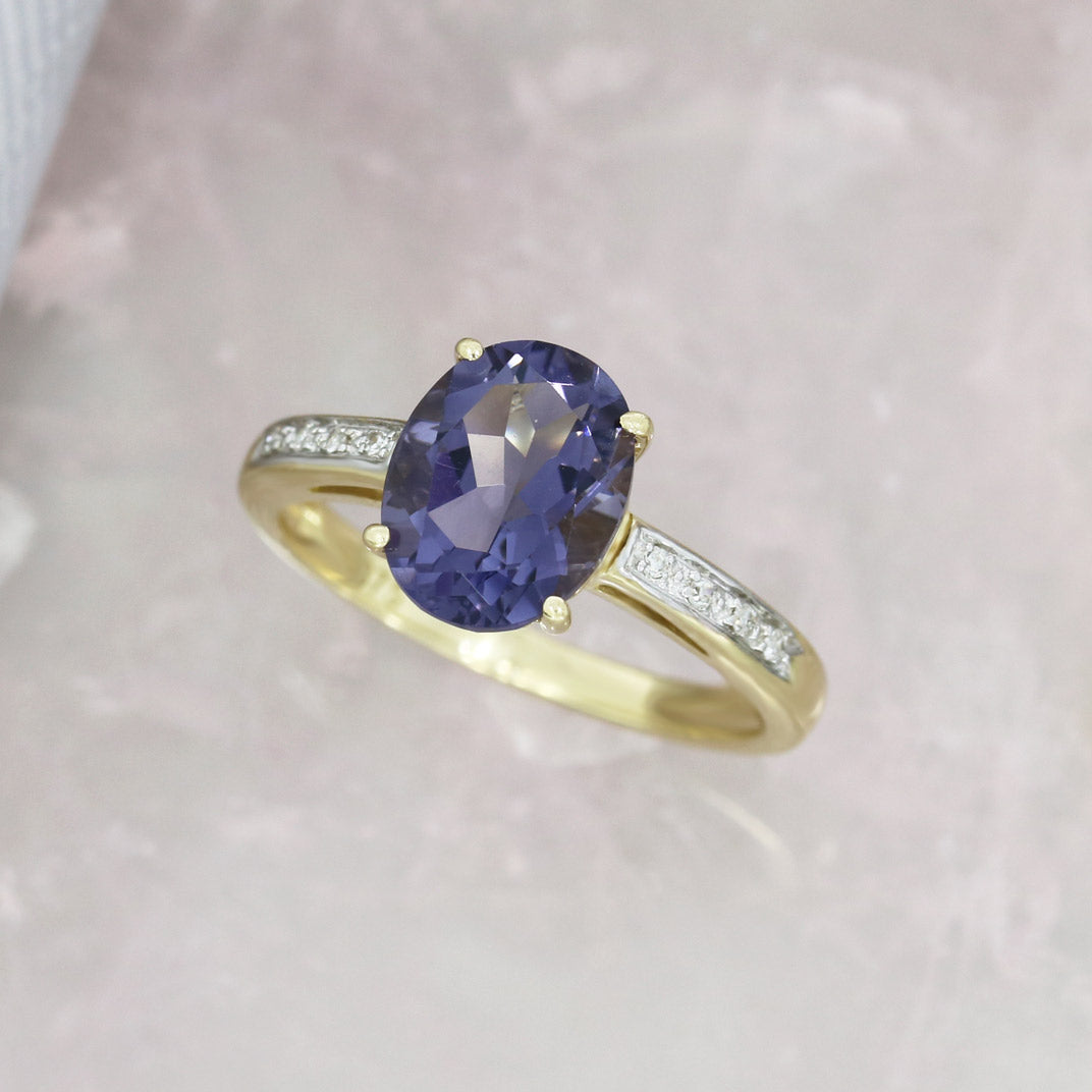 Pre Owned 9ct Yellow Gold Oval Iolite & Diamond Dress Ring