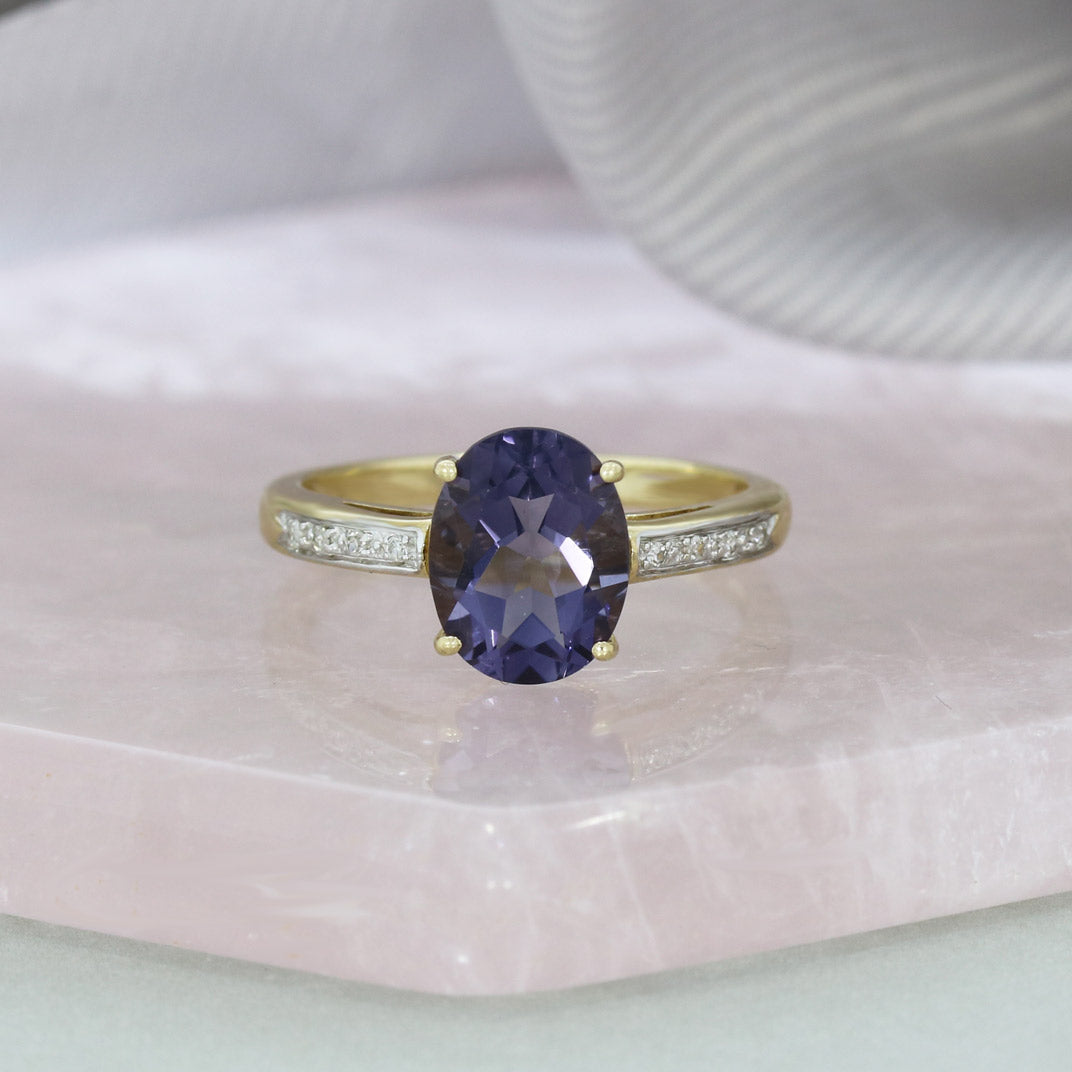 Pre Owned 9ct Yellow Gold Oval Iolite & Diamond Dress Ring